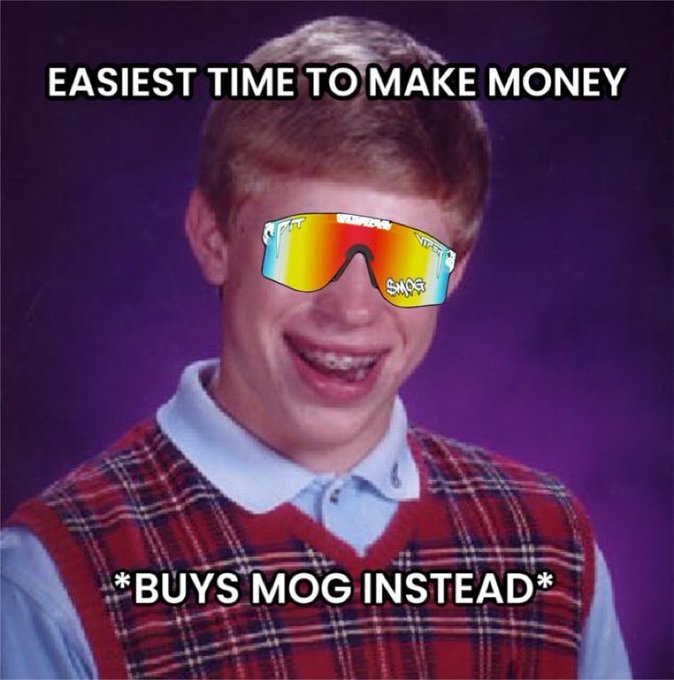 The image is a "Bad Luck Brian" meme showing the iconic awkward-smiling teen wearing rainbow shutter shades labeled "MOG." The top text reads "EASIEST TIME TO MAKE MONEY" and the bottom reads "*BUYS MOG INSTEAD*," humorously suggesting that buying MOG ("Mog Coin"/"MogCoin" crypto) during a profitable market window leads to bad luck instead of gains.