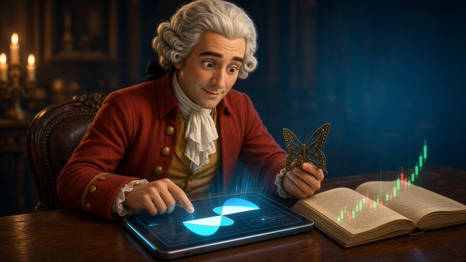 A stylized image of a historical figure resembling an 18th-century scholar in a powdered wig and red coat, sitting at a candlelit desk, interacting with a glowing holographic tablet while holding a butterfly and viewing a stock market chart floating from an open book.