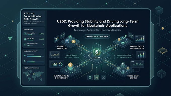 A digital dashboard titled "A Strong Foundation for DeFi Growth" highlighting USDD metrics including a 1.27% price stability, $33M normal cap, and 11 integration count, alongside a central DeFi Foundation Hub diagram illustrating USDD's role in lending protocols, trading/DEX pools, cross-chain bridges, and global payments. The visual reinforces the post's message by depicting USDD as the stable asset infrastructure supporting liquidity, participation, and growth across decentralized finance applications.