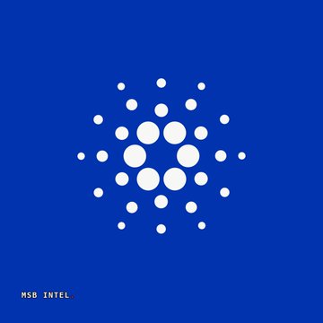 The image displays the Cardano logo—a circular pattern of white dots—on a blue background, with the text "MSB INTEL" visible in the bottom-left corner. The post notes a 24.86% rise in Cardano's total value locked over the past 30 days, with the logo symbolizing the cryptocurrency being discussed.