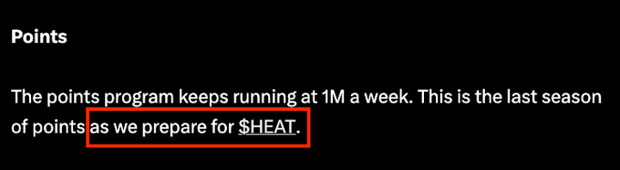 The image confirms that this is the last points season at 1M per week as @hibachi_xyz prepares for the $HEAT launch. This directly relates to the post's announcement of major updates and the urgency to position oneself before $HEAT's release.