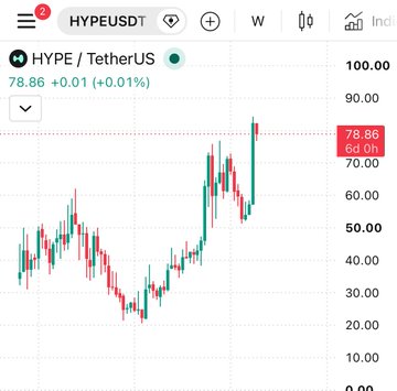 A HYPE/USDT cryptocurrency price chart on HYPEUSDT showing a price of 78.86 (+0.01), with a recent bullish trend.