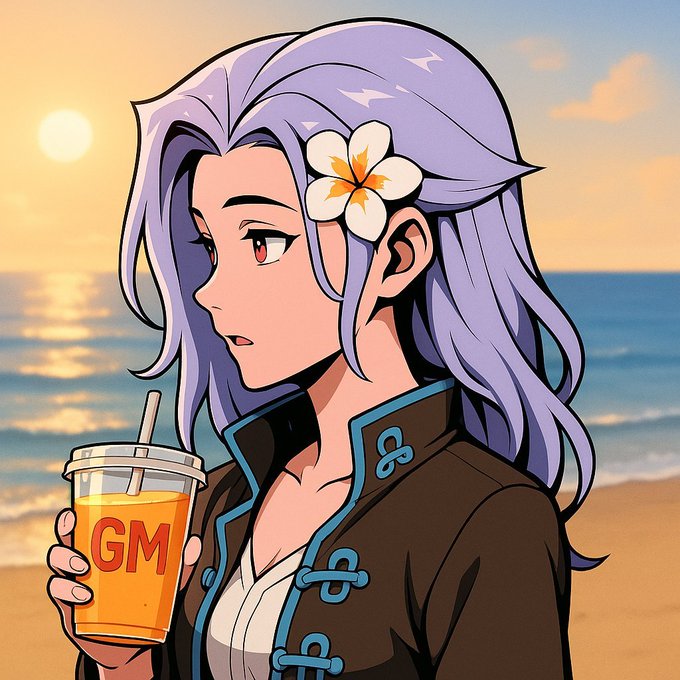 An anime-style character with lavender hair and a plumeria flower accessory sips an orange drink from a cup labeled "GM" while overlooking a sunset beach scene, tying into the post's "GMGM" greeting and emphasizing the calm, real-world focus behind the Web3 shipping initiative.