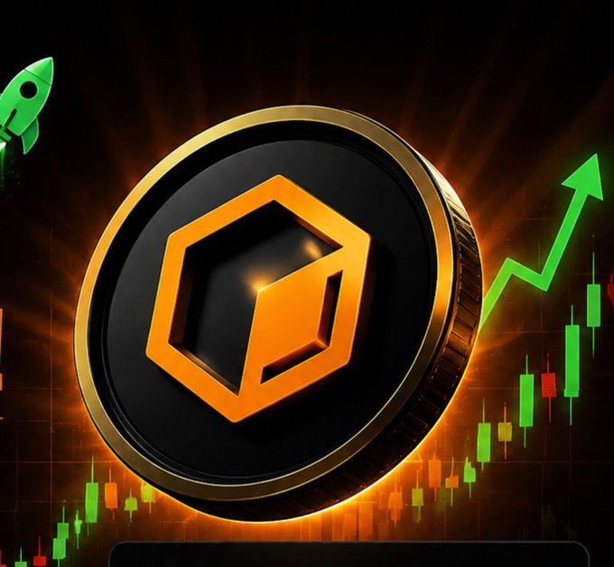 A digital illustration of a gold and black crypto coin with an orange hexagonal logo, accompanied by a green upward-pointing arrow and a rising green candlestick chart, with a small green rocket ship on the left.