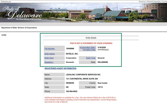 A screenshot from the State of Delaware Department of State website showing entity details indicating a corporation is in 'NOT A GOOD STANDING' status, with file number 10549966 and incorporation date 3/16/2026.