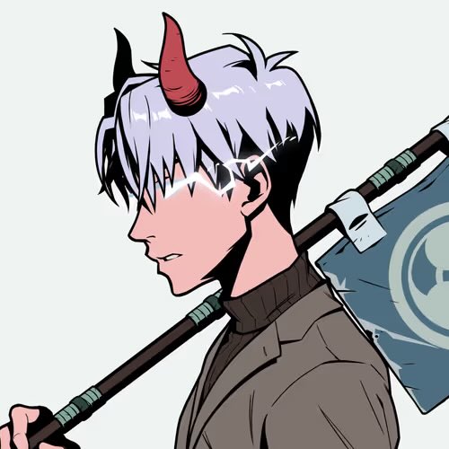 An anime-style illustration of a young man with white hair and a red horn on his head, shown in profile wearing a dark jacket and carrying a spear or polearm over his shoulder.