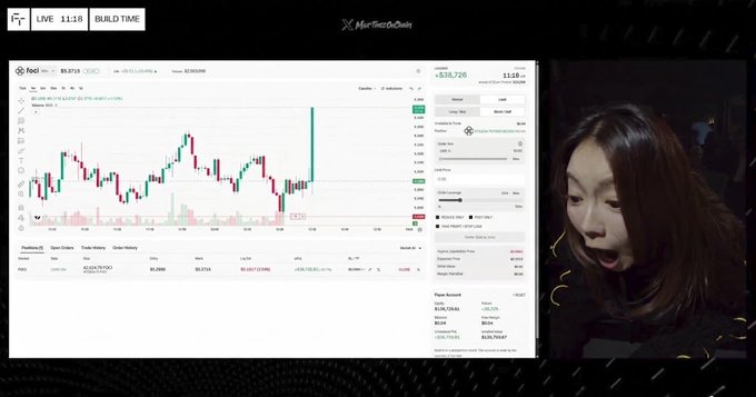 A woman is seen on a livestream (timestamp 11:10) analyzing a financial chart for the token "FOCI" on Foci, showing active trading positions with a +536.72% change, likely discussing upcoming platform updates and new trading pairs as mentioned in the post.