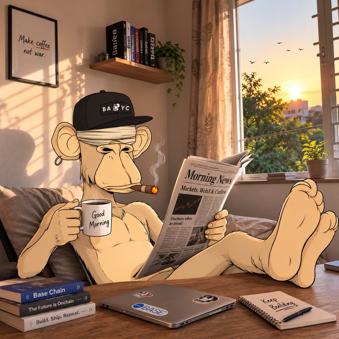 A cartoon illustration of a Bored Ape-style character wearing a 'BAYC' cap and smoking a cigar, relaxing with coffee and reading the 'Morning News' in a sunlit room with 'Make coffee not war' framed on the wall.