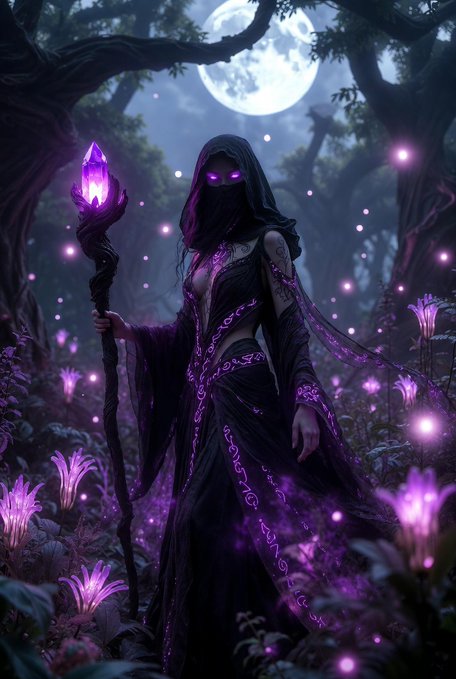 A fantasy digital artwork of a hooded sorceress with glowing purple eyes holding a purple crystal staff, standing in a moonlit forest surrounded by glowing purple flora and magical particles.