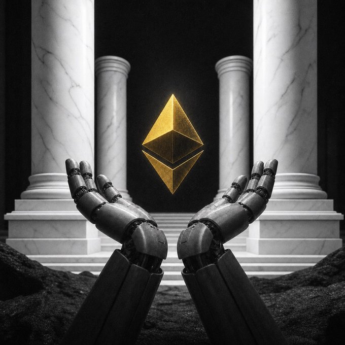 The image shows two robotic hands cupping a golden Ethereum logo, framed by marble classical columns. It visually represents the "Believe in somETHing" message by depicting Ethereum as a sacred, almost religious symbol being held aloft—suggesting devotion to the cryptocurrency as a belief system or ideology.