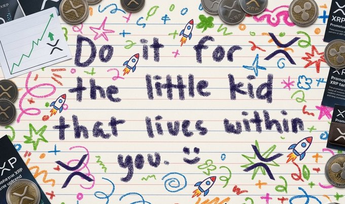 The image features a colorful sheet of paper with writing that says "Do it for the little kid that lives within you." The background includes various coins and stars scattered around the paper, as well as other text elements such as "Bitcoin", "XRP", and "&XLM". These objects are related to cryptocurrency and digital assets.