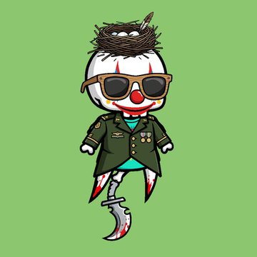 A cartoon clown character wearing dark sunglasses, a green military-style jacket with medals, and holding a blood-stained scythe, set against a green background.