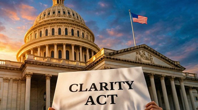 A person holds up a sign reading 'CLARITY ACT' in front of the U.S. Capitol building with an American flag flying at sunset.