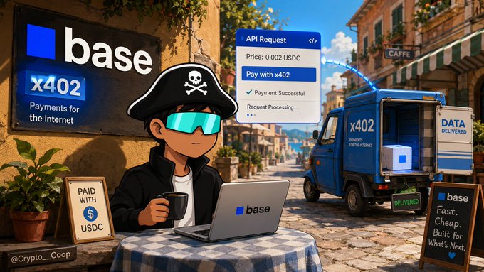 An illustrated promotional image featuring a character in a pirate hat and sunglasses working on a laptop, advertising 'base x402 - Payments for the Internet' with text showing 'API Request', 'Price: 0.002 USDC', 'Pay with x402', and 'Payment Successful', alongside signs reading 'PAID WITH $USDC', 'DATA DELIVERED', and 'base Fast. Cheap. Built for What's Next'.