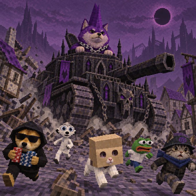 A surreal pixel art collage features a giant cat-head atop a gothic tank with a cannon, surrounded by various characters including cats in sunglasses, a cardboard box-headed cat, and a frog in a ruined purple landscape.