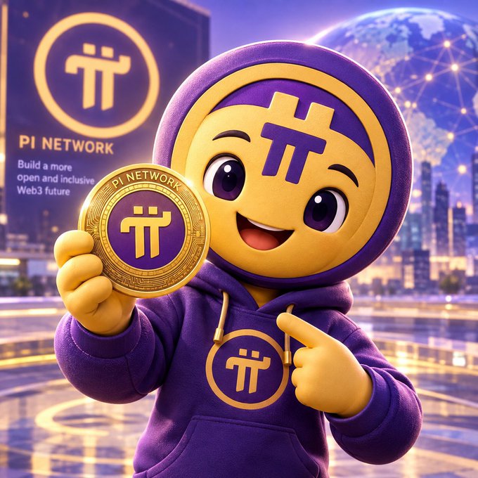 A cartoon mascot wearing a purple hoodie with the Pi Network logo holds a Pi Network coin, with text reading 'PI NETWORK - Build a more open and inclusive Web3 future' against a futuristic cityscape.