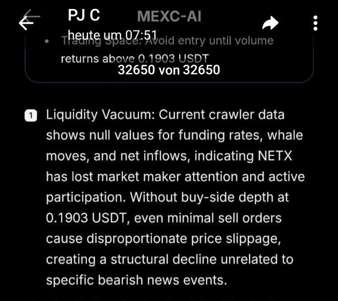 A mobile screenshot of a 'MEXC-AI' chat interface labeled 'PJC' displaying trading analysis about a liquidity vacuum and advising to avoid entry until volume returns above 0.1903 USDT.