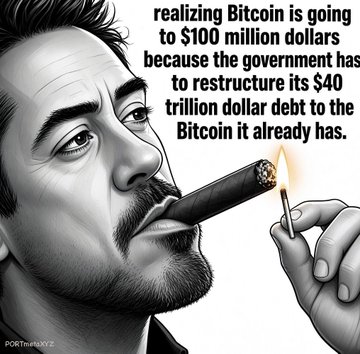 A cartoon illustration of a bearded man lighting a cigar, captioned 'realizing Bitcoin is going to $100 million dollars because the government has to restructure its $40 trillion dollar debt to the Bitcoin it already has.', signed 'POPTheHODL'.