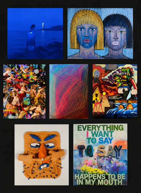 A collage featuring various artworks, including portraits, abstract pieces, a clay sculpture of a face, and text art reading 'EVERYTHING I WANT TO SAY TO SAY HAPPENS TO BE IN MY MOUTH'.