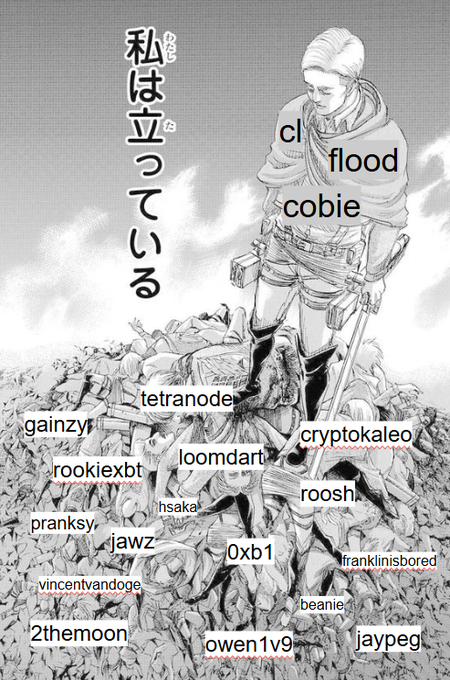 The image shows a manga-style drawing of a character standing atop a massive pile of rubble, with the Japanese text "私は立っている" ("I am standing") in the background. The character and pile are labeled with names of newer streamers/small streamers (cl_flood, cobie, tetranode, rookiexbt, etc.), while the surrounding text reads "the ogs had it so easy," implying that the original destiny.gg streamers are now standing comfortably above the newer generation who have piled up beneath them.