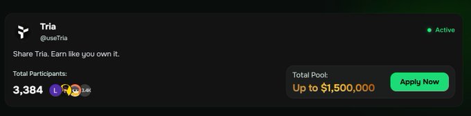 Screenshot of a Tria (@useTria) app interface showing 'Share Tria. Earn like you own it.' with 3,384 Total Participants and a Total Pool of Up to $1,500,000.