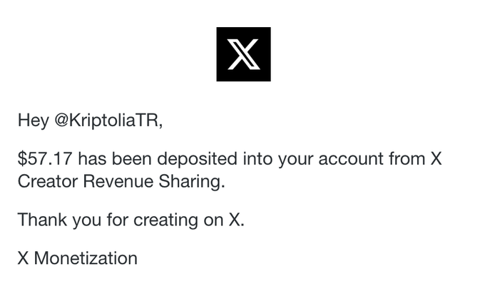 The image shows an email message with a black x symbol at the top of the screen. The text within the email reads, "Hey @KrptolatTR, X airdrop is here While the market is dropping like this, what are we buying from the falling cryptos? Small but steady. Thanks Elon :)" and it also mentions that the creator revenue sharing has been depreciated into your account from X Monetization. The email appears to be sent by someone named "Elon Musk" who is known for his interest in cryptocurrency.