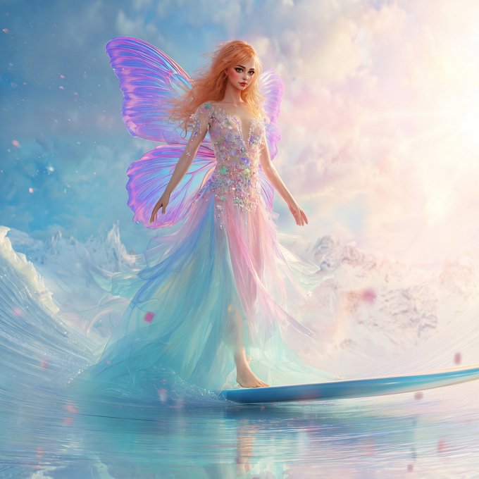 A fair-haired fairy in a pastel blue and pink gown stands barefoot on a surfboard, her iridescent wings shimmering against a dreamy sky and snow-capped mountains—evoking the airy, magical essence of "Minty Bliss" by @skyarina_, now collected on @objktcom.