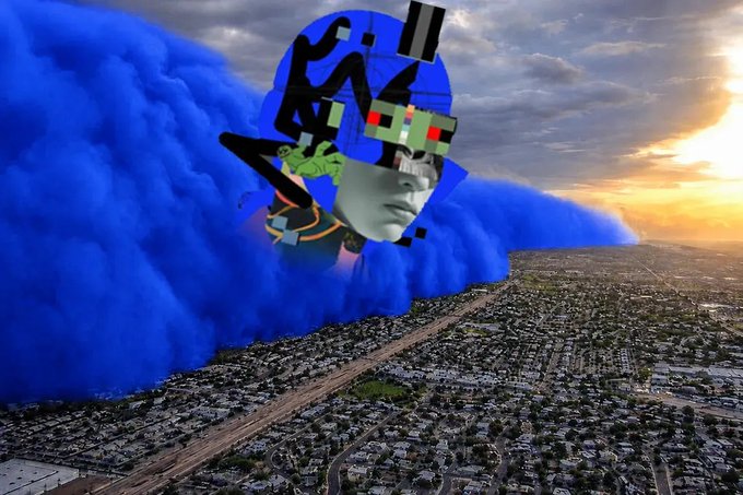 A surreal landscape showing an aerial view of a sprawling city at sunset, overlaid with a large, glitching, translucent blue mass containing a green-faced figure with red pixelated eyes.