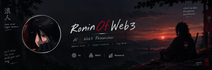 A profile banner featuring an anime character with the text 'Ronin Of Web3', 'AI Web3 Researcher', and labels including 'AI', 'Web3', and 'Research' against a sunset landscape.