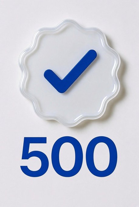 A graphic showing a white scalloped badge with a blue checkmark above the blue number "500".