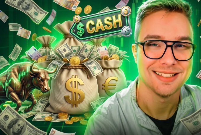 The image features a man wearing glasses standing next to a bull statue, with stacks of money surrounding them. The man has a big smile on his face as he looks directly at the camera. In the background, there are dollar bills scattered around, indicating that they might be discussing or planning something related to currency or investing in Bitcoin.