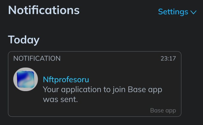 The image shows a notification screen for an app called "Base App" that has been sent to a user's phone. The message reads, "Excited to share that I've applied for the @baseapp Affiliate Program! Looking forward to helping more people discover the @base ecosystem and everything being built on it." The post also mentions that there is an application available for joining the program.