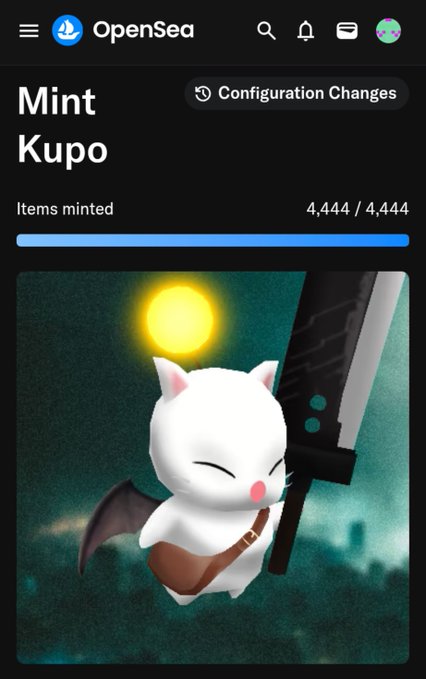An OpenSea NFT collection page titled 'Mint Kupo' shows 4,444/4,444 items minted, featuring an artwork of a cute white creature holding a sword and a glowing orb.