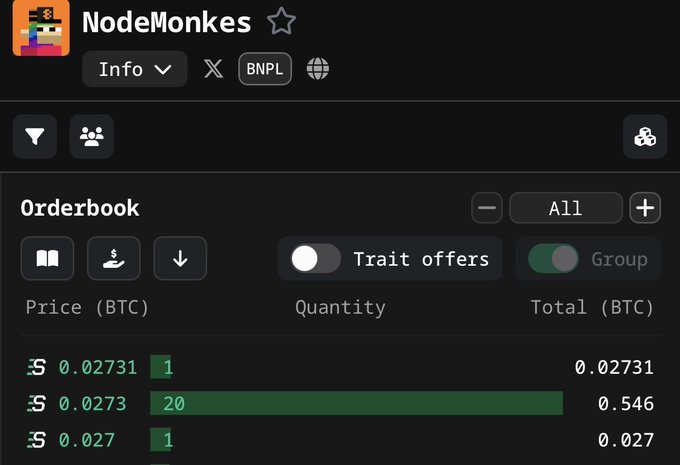 A dark-themed trading interface for NodeMonkes showing an orderbook with bid prices in BTC (0.027, 0.0273, 0.02731) and quantities.
