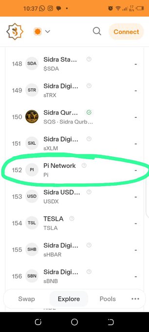 The image shows a mobile screenshot of the Sidra Swap crypto exchange's Explore tab, with a green hand-drawn circle highlighting "Pi Network" (ticker: Pi) listed at rank 152. This visual supports the post's claim about Pi Network being confirmed on Sidra Swap, reinforcing the message to hold onto Pi and Sidra tokens in anticipation of future gains.