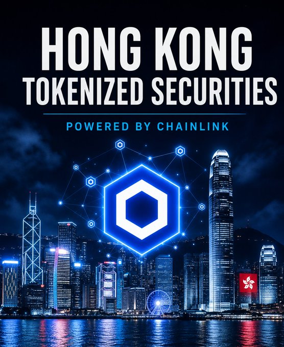 A promotional graphic reads "HONG KONG TOKENIZED SECURITIES - POWERED BY CHAINLINK" featuring a glowing blue Chainlink hexagon logo overlaid on a nighttime Hong Kong cityscape with the Hong Kong flag.