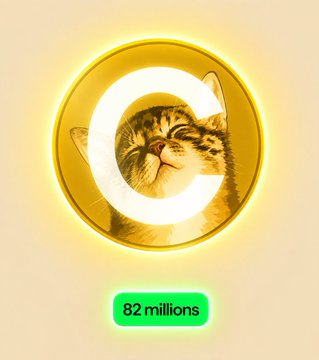 A golden coin featuring a cat wearing sunglasses framed by a large "C" sits above a green badge reading "82 millions," illustrating the post's theme of memecoin narratives and the challenge of identifying valuable tokens amid hype.