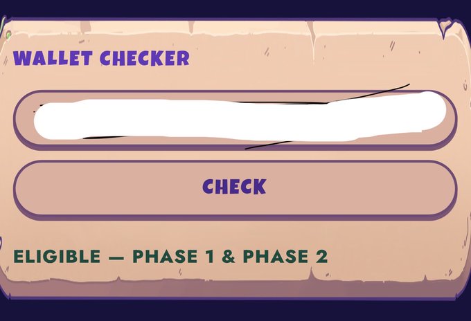 A "Wallet Checker" interface displays a white input field above a "CHECK" button, with results showing "ELIGIBLE — PHASE 1 & PHASE 2" at the bottom, confirming the poster's claim of their eligibility for both phases.