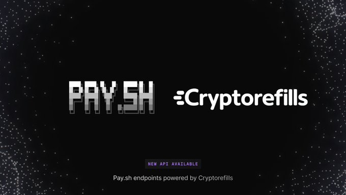 The image features a dark, star-speckled background showcasing the "PAY.SH" and "Cryptorefills" logos side by side, with a banner below reading "NEW API AVAILABLE" and text announcing "Pay.sh endpoints powered by Cryptorefills." This visually introduces the integration mentioned in the post, highlighting that Cryptorefills is now accessible through Pay.sh's new API for crypto-powered shopping.