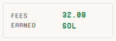 The image displays a simple dashboard showing "FEES: 32.08" and "EARNED: SOL," confirming the user's claim of earning 32 SOL in fees from listing NFTs on @nfwdotfun, which they plan to reinvest back into sweeping floors.