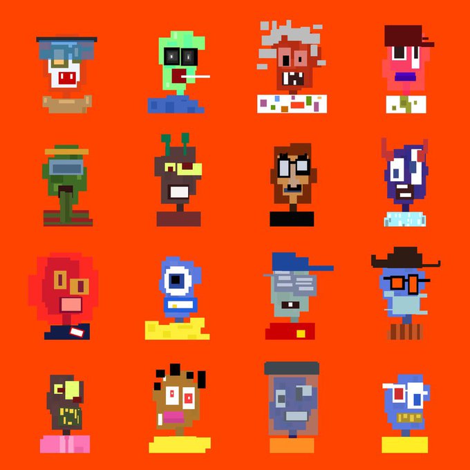 A vibrant pixel art collection of 16 unique character busts displayed on an orange background, showcasing colorful, blocky designs ranging from a green alien and blue cyclops to a cowboy and various abstract faces. The image relates to the post as visual examples for an NFT/character submission contest for "Bafoontown," with applicants encouraged to "drop their submission" before claims close.