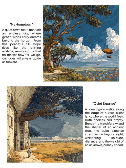 An artistic layout featuring two illustrated landscapes—a coastal view and a cliffside scene—paired with poetic text captions titled "My Hometown" and "Quiet Expanse."