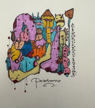 The image features a hand-drawn illustration of various cartoon characters, including a pink cow and an orange cat, as well as other colorful drawings. The drawing appears to be done with watercolor paint, giving it a vibrant and lively appearance. The text "57/100 Hand drawn 1/1 doodles on paper. Daily drawings...soon more." suggests that the artist has been creating these drawings for quite some time, possibly even selling them as prints or merchandise.