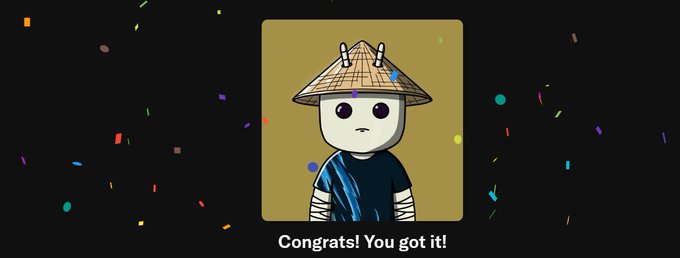 A digital illustration of a character wearing a conical hat with the text 'Congrats! You got it!' displayed amid confetti.