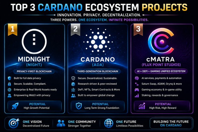 Promotional graphic titled 'Top 3 Cardano Ecosystem Projects' featuring Midnight (NIGHT), Cardano (ADA), and CMATRA (Flux Point Studios) with the tagline 'Three Powers. One Ecosystem. Infinite Possibilities.'