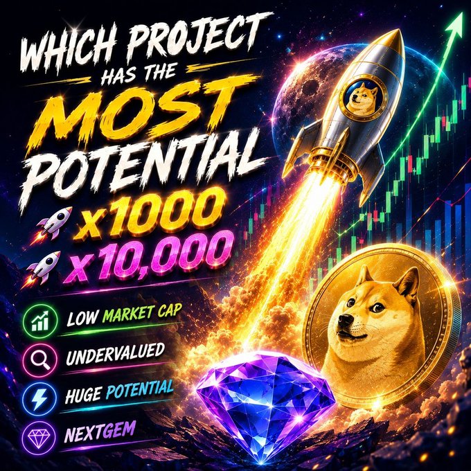 The image is a vibrant promotional graphic featuring a rocket blasting off into space alongside a Shiba Inu coin, with bold text reading "WHICH PROJECT HAS THE MOST POTENTIAL x1000 x10,000" and bullet points highlighting "LOW MARKET CAP," "UNDERVALUED," "HUGE POTENTIAL," and "NEXTGEM." It visually amplifies the post's call for high-potential crypto gems, using the rocket and coin imagery to symbolize explosive gains and the allure of finding the next big 1000x or 10,000x investment.
