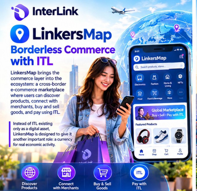 A promotional graphic for 'InterLink' and 'LinkersMap' advertises 'Borderless Commerce with ITL', showing a woman shopping on a mobile app.