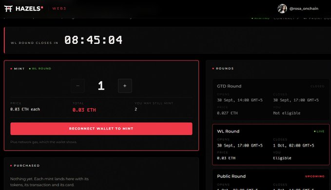 A screenshot of the Hazels NFT minting website (WEB3) showing a WL Round timer at 08:45:04, mint options for 1 NFT at 0.03 ETH each, and a 'RECONNECT WALLET TO MINT' button.