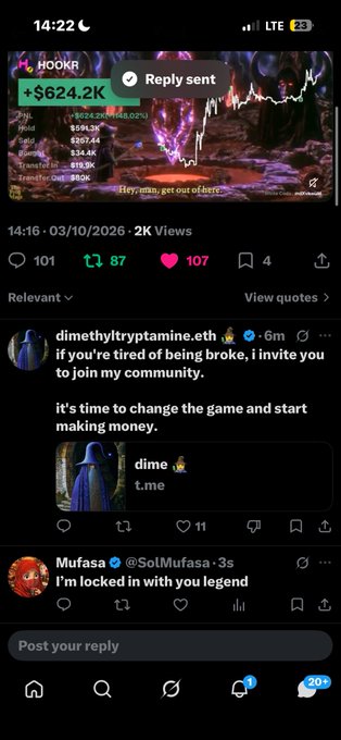 A mobile screenshot from X showing a post with trading statistics including '+$624.2K', along with replies from users including 'dimethyltryptamine.eth' and 'Mufasa'.