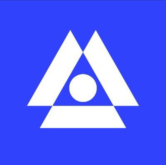 A minimalist logo featuring a white triangular design with a circle inside, set against a solid blue background.